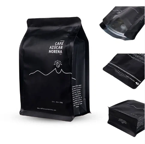 Grosir Kafe Kustom Dicetak Logo Plastik Hitam Tas Kopi Bawah Datar Kemasan Dengan Katup Dan Ritsleting
